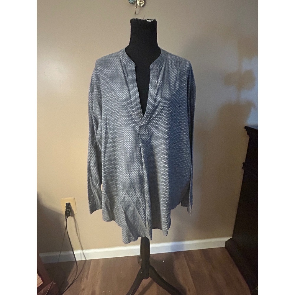 Daniela Mayer Mayerwasner Blue White Patterned Split Neck Tunic Top Long Sleeve